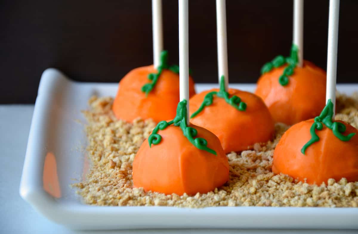 Pumpkin cheesecake pops placed on a bed of graham cracker crumbs on a white serving platter.