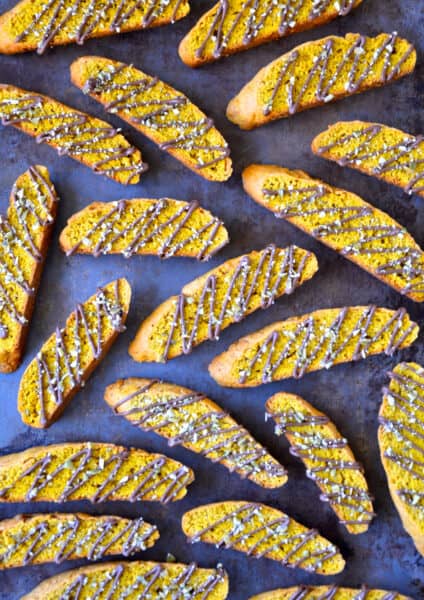 Pumpkin pie biscotti that are drizzled with melted chocolate and topped with chopped pumpkin seeds.
