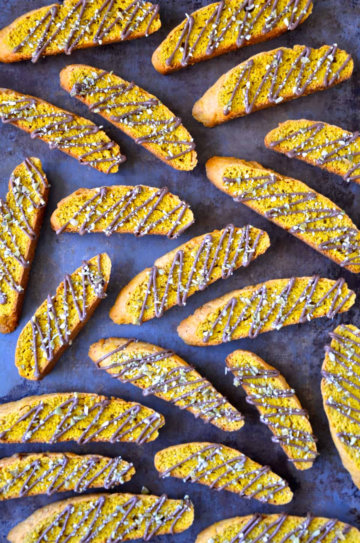 Pumpkin pie biscotti that are drizzled with melted chocolate and topped with chopped pumpkin seeds.