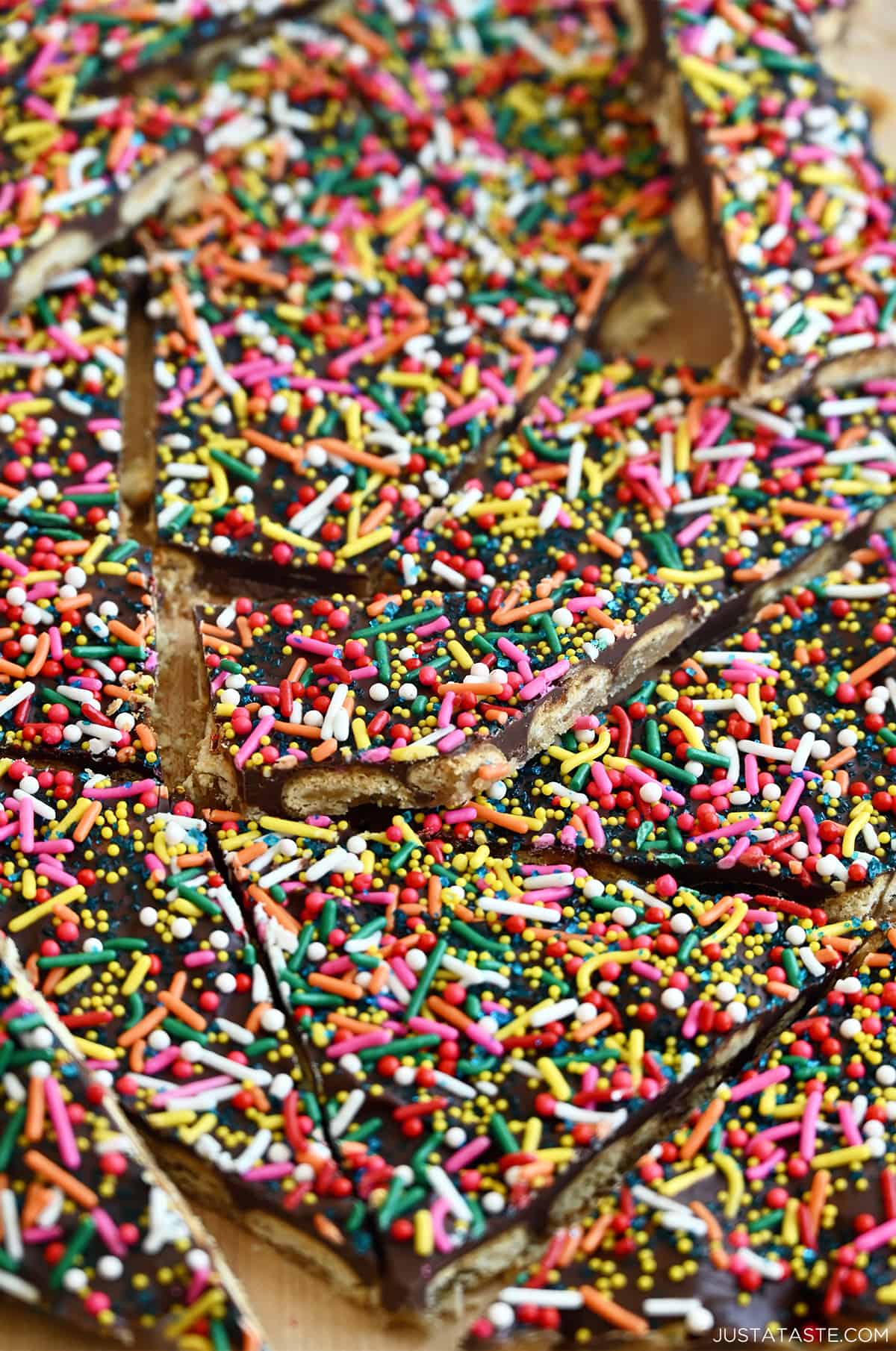 Rainbow studded cracker toffee.