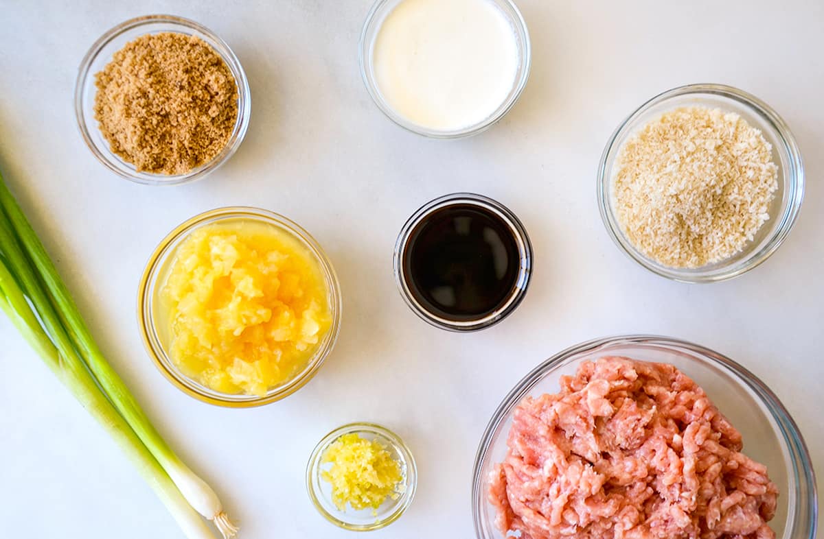 Small glass bowls containing ground chicken, panko breadcrumbs, minced garlic, soy sauce, crushed pineapple, brown sugar and milk. Two scallions sit beside the bowls.