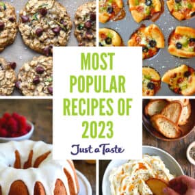 A collage of recipes, including zucchini oatmeal chocolate chip cookies, muffin tin pizza cups, whipped brie cheese and a lemon pound cake with lemon glaze.