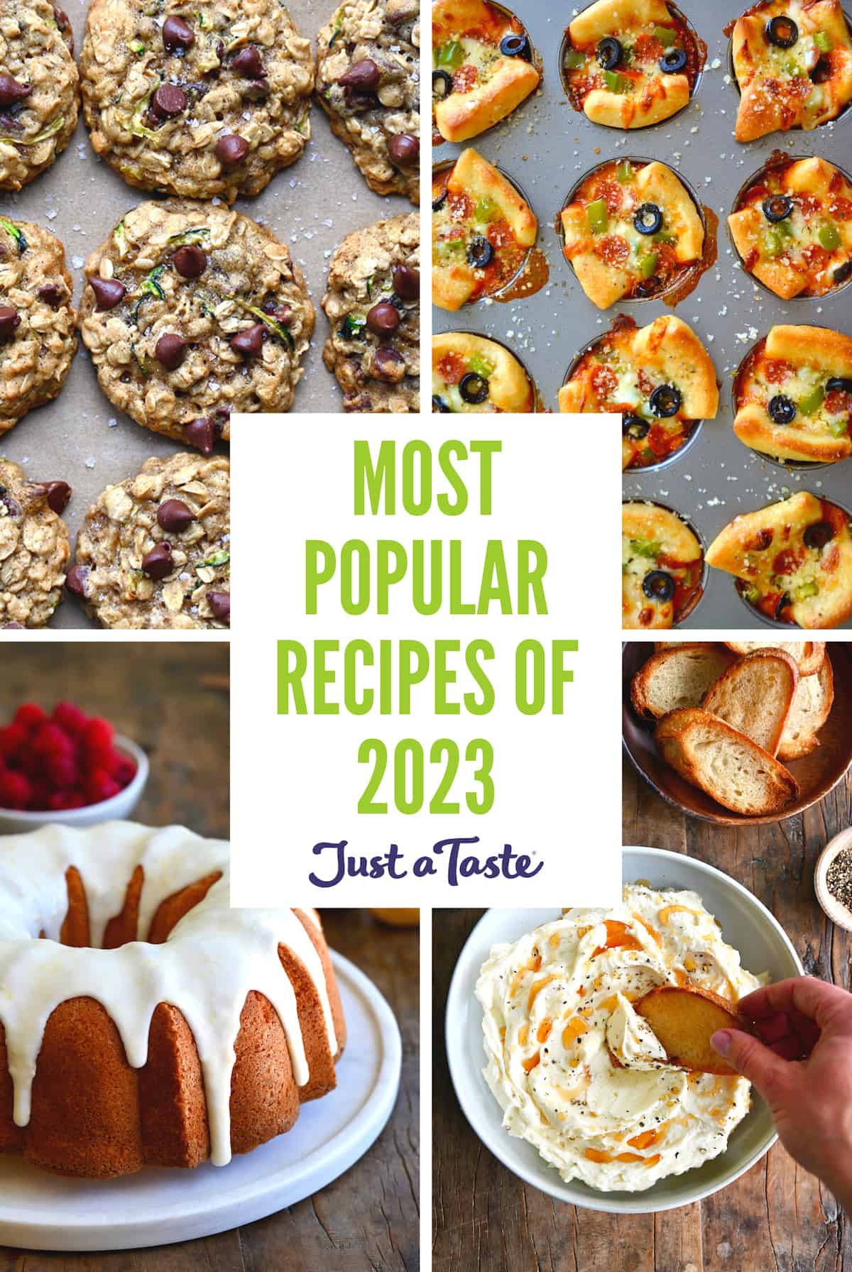 A collage of recipes, including zucchini oatmeal chocolate chip cookies, muffin tin pizza cups, whipped brie cheese and a lemon pound cake with lemon glaze.