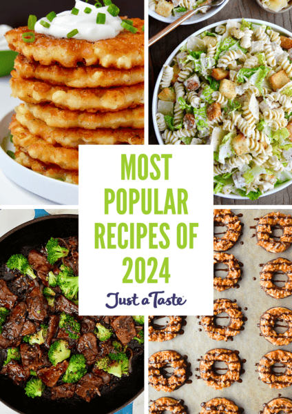 A collage of recipes, including corn fritters, Caesar pasta salad, beef and broccoli, and homemade Samoas cookies.
