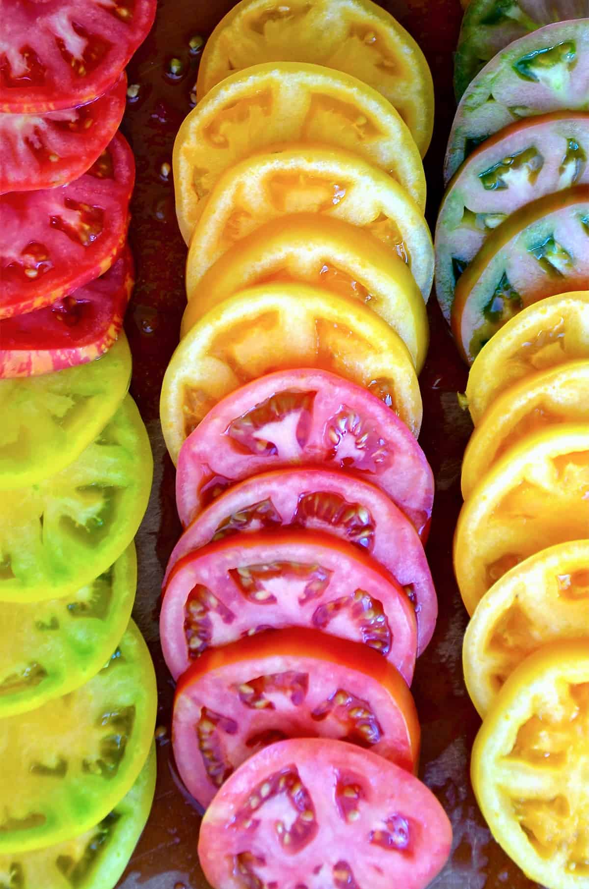 Three rows of multi-colored sliced tomatoes.