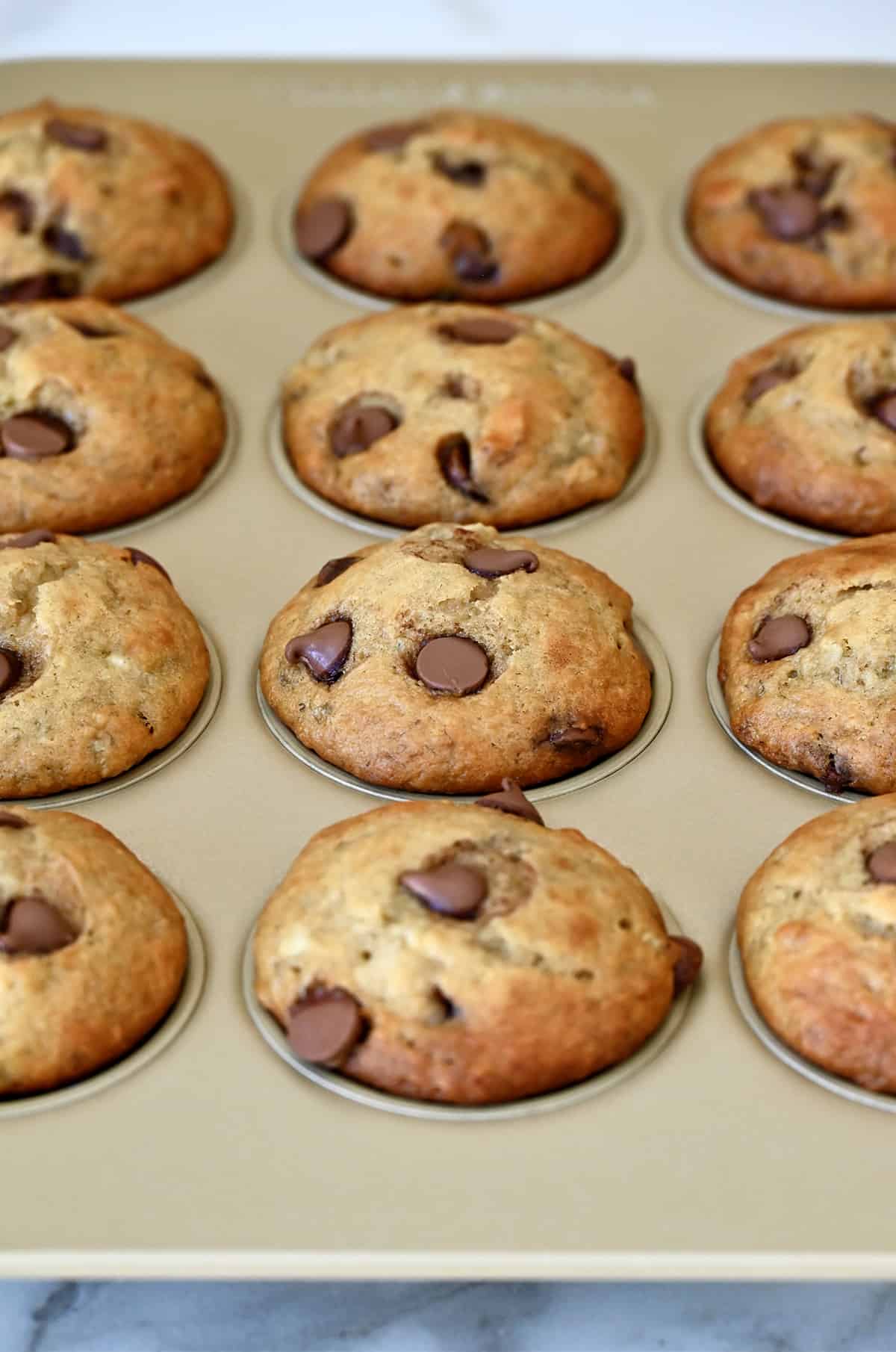 Banana chocolate chip muffins in a muffin tin.