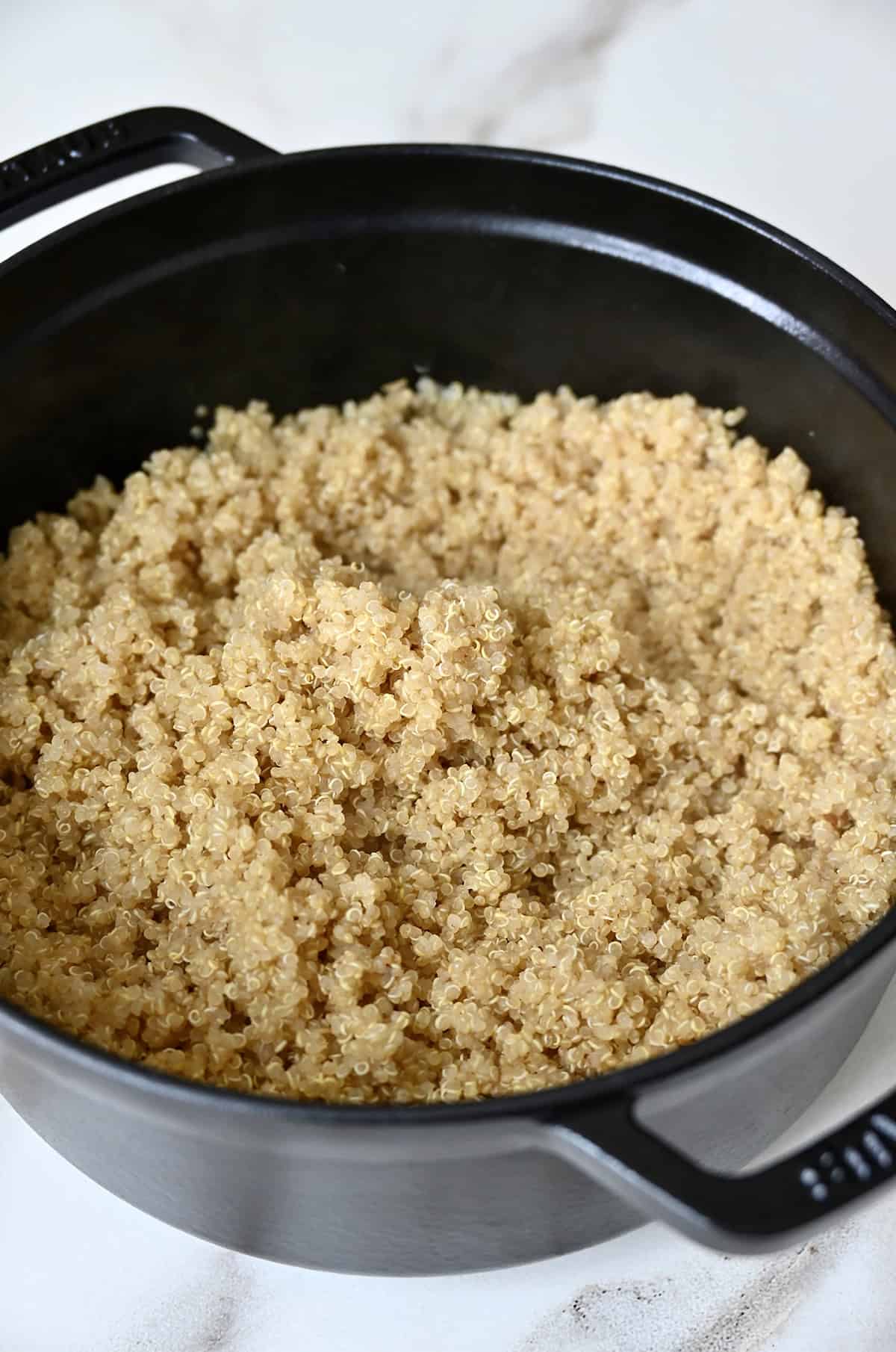 Cooked quinoa in a Dutch oven.