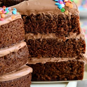 A slice of the best chocolate cake with three layers and coffee buttercream frosting.