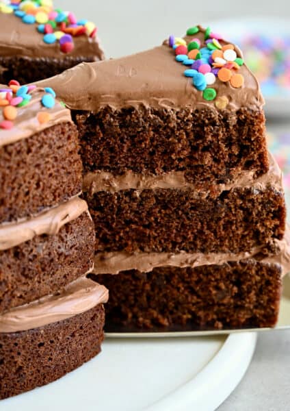 A slice of the best chocolate cake with three layers and coffee buttercream frosting.