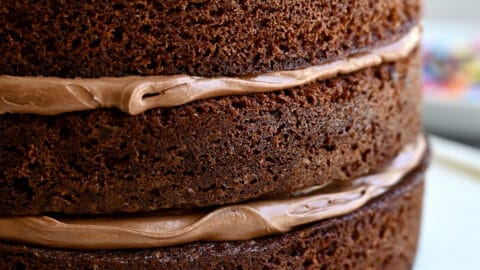 A three-tiered chocolate cake with coffee buttercream frosting and rainbow sprinkles on a round serving platter.