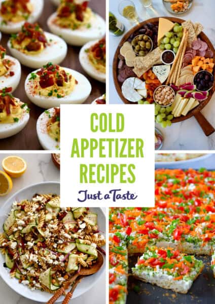 A collage of four recipes, deviled eggs with bacon, an epic charcuterie board, veggie pizza and zucchini pasta salad.