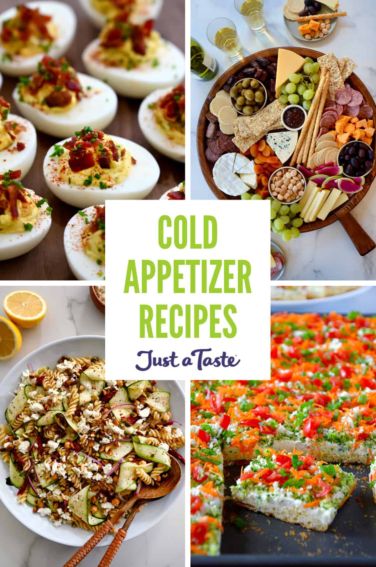 A collage of four recipes, deviled eggs with bacon, an epic charcuterie board, veggie pizza and zucchini pasta salad.