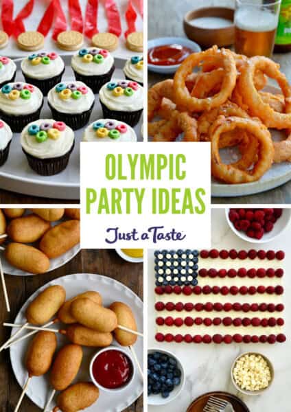 Olympic party food ideas, including Olympic cupcakes, onion rings, American flag cake and mini corn dogs.