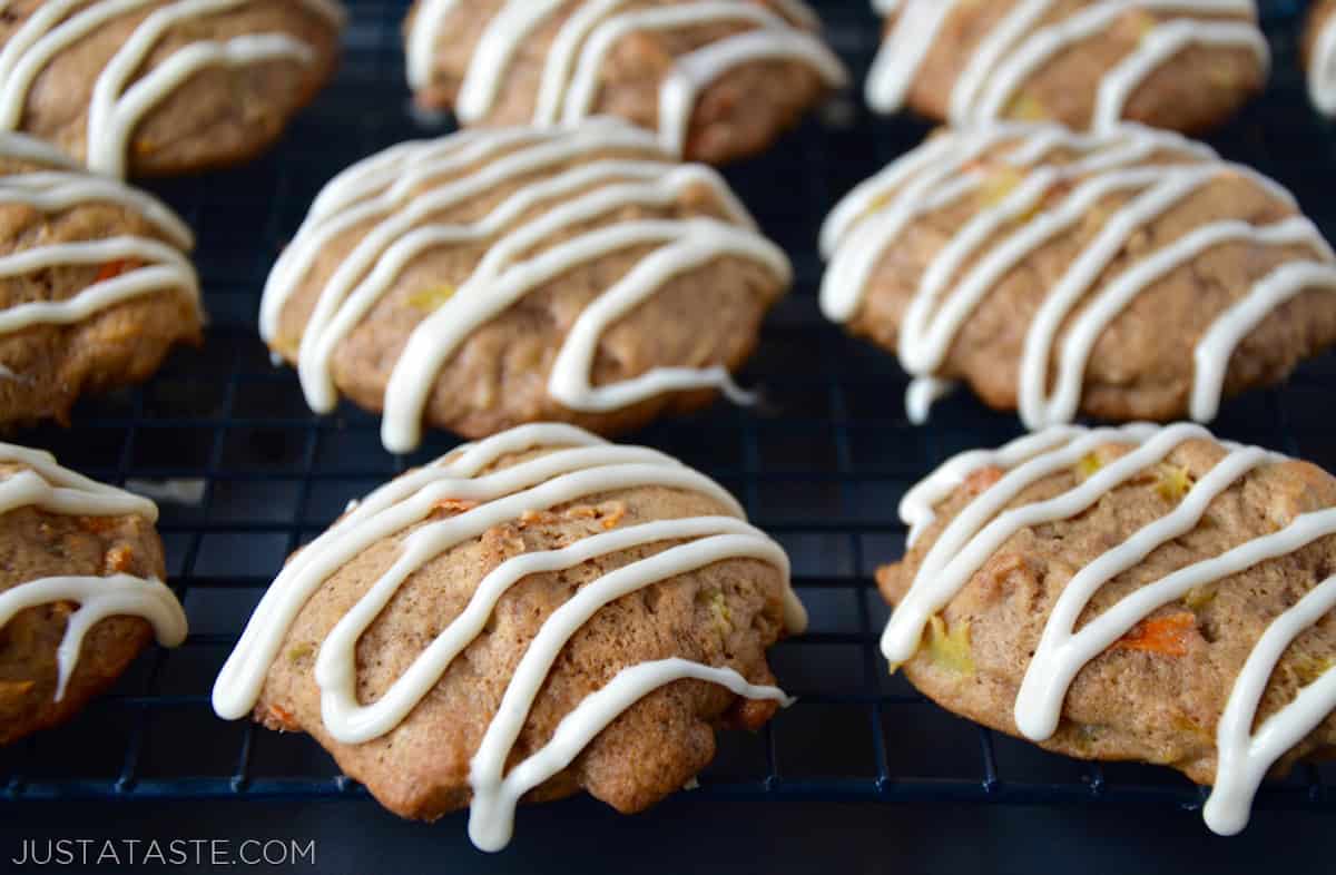 Carrot cake cookies drizzled with cream cheese icing.