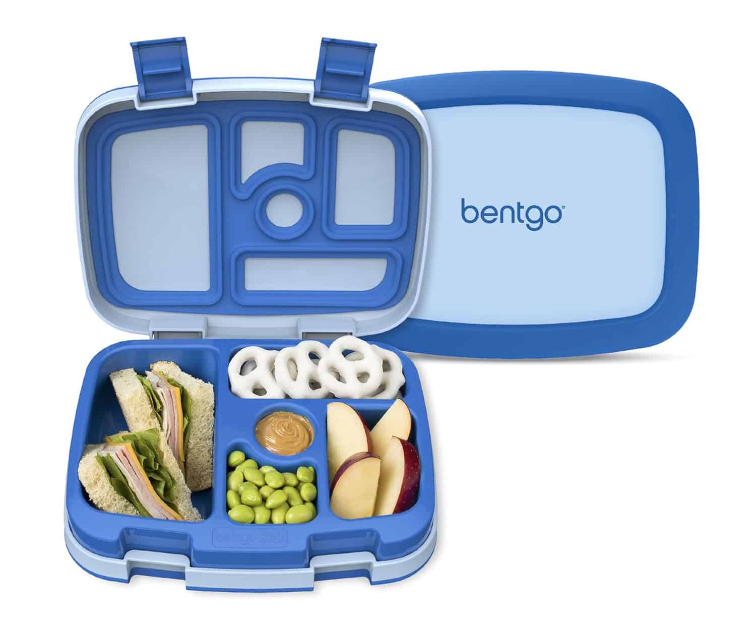 A light and dark blue Bentgo lunch box.