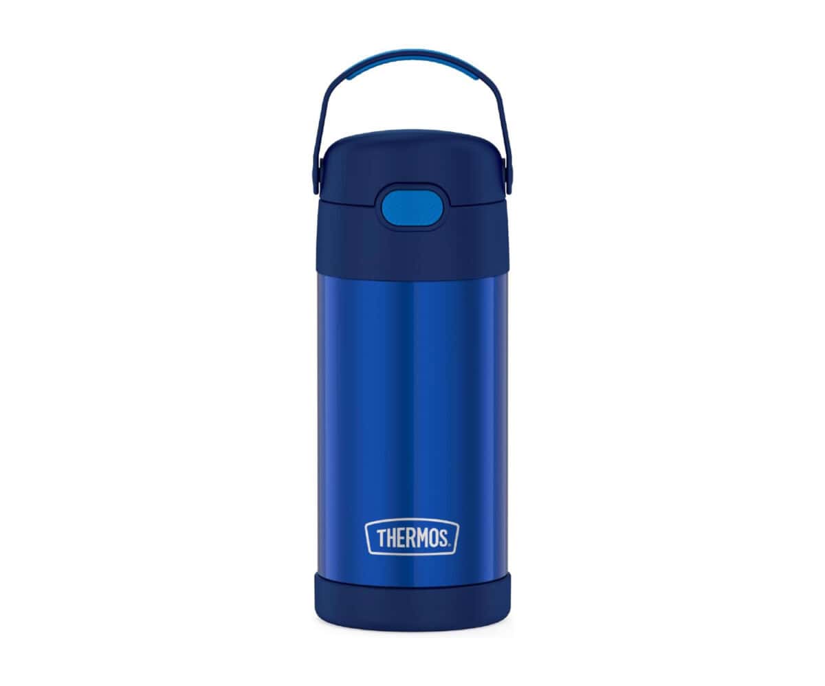 A blue kid's Thermos.