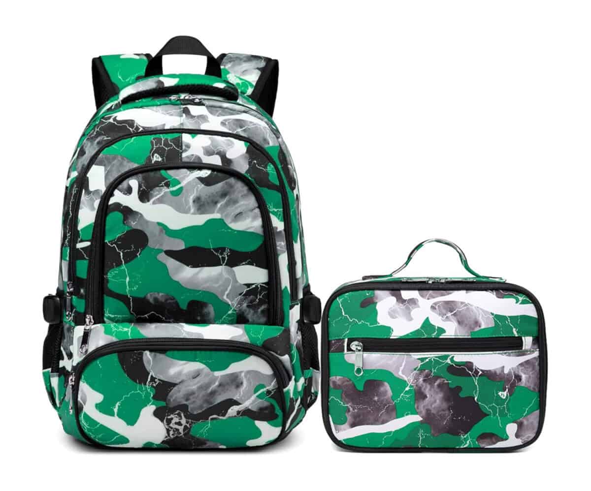 Green, black, white and grey camouflage backpack and matching lunch box.