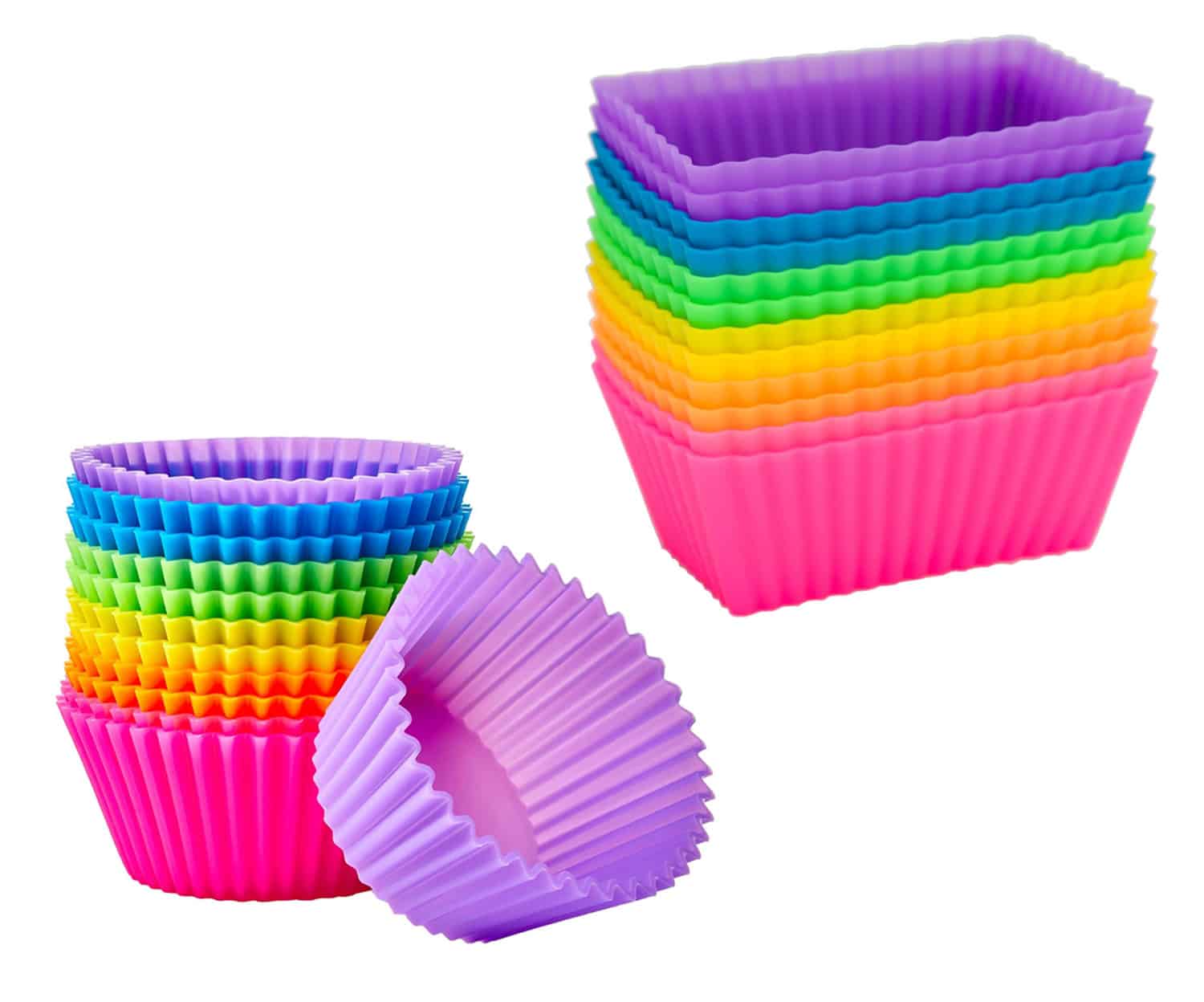 An assortment of rainbow colored silicone cupcake liners and rectangular liners.