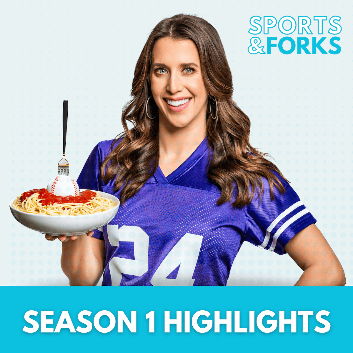 Kelly Senyei, host of the Sports and Forks Podcast, holding a plate of spaghetti with marinara sauce topped with a baseball stabbed with a fork.