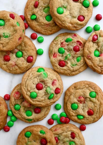 Christmas M&M cookies studded with red and green M&Ms.