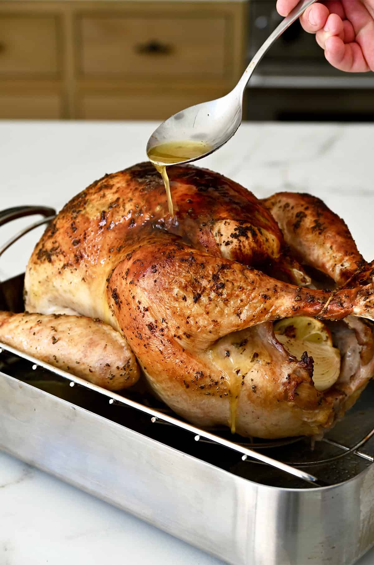 Basting a turkey that's on a roasting rack in a roasting pan.