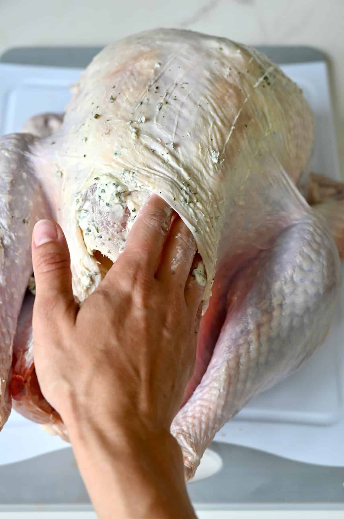 A hand slathers herb butter on top and under the skin of an uncooked turkey.