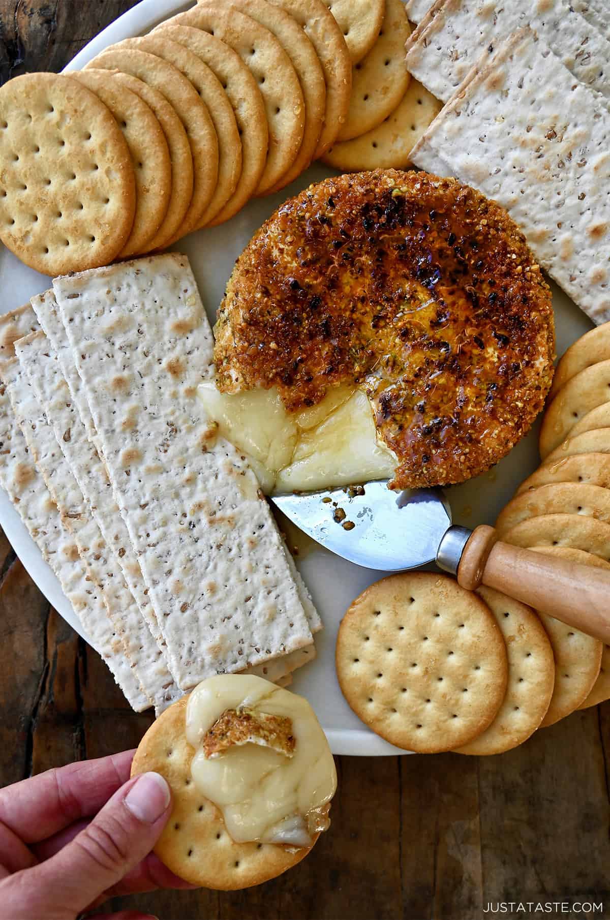 Gooey pan-fried brie with pistachios and honey on a plate surrounded by crackers.