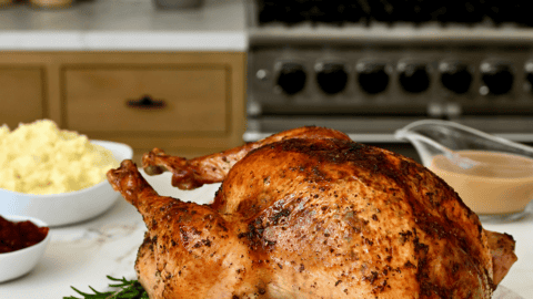 Easy roast turkey on a serving platter.