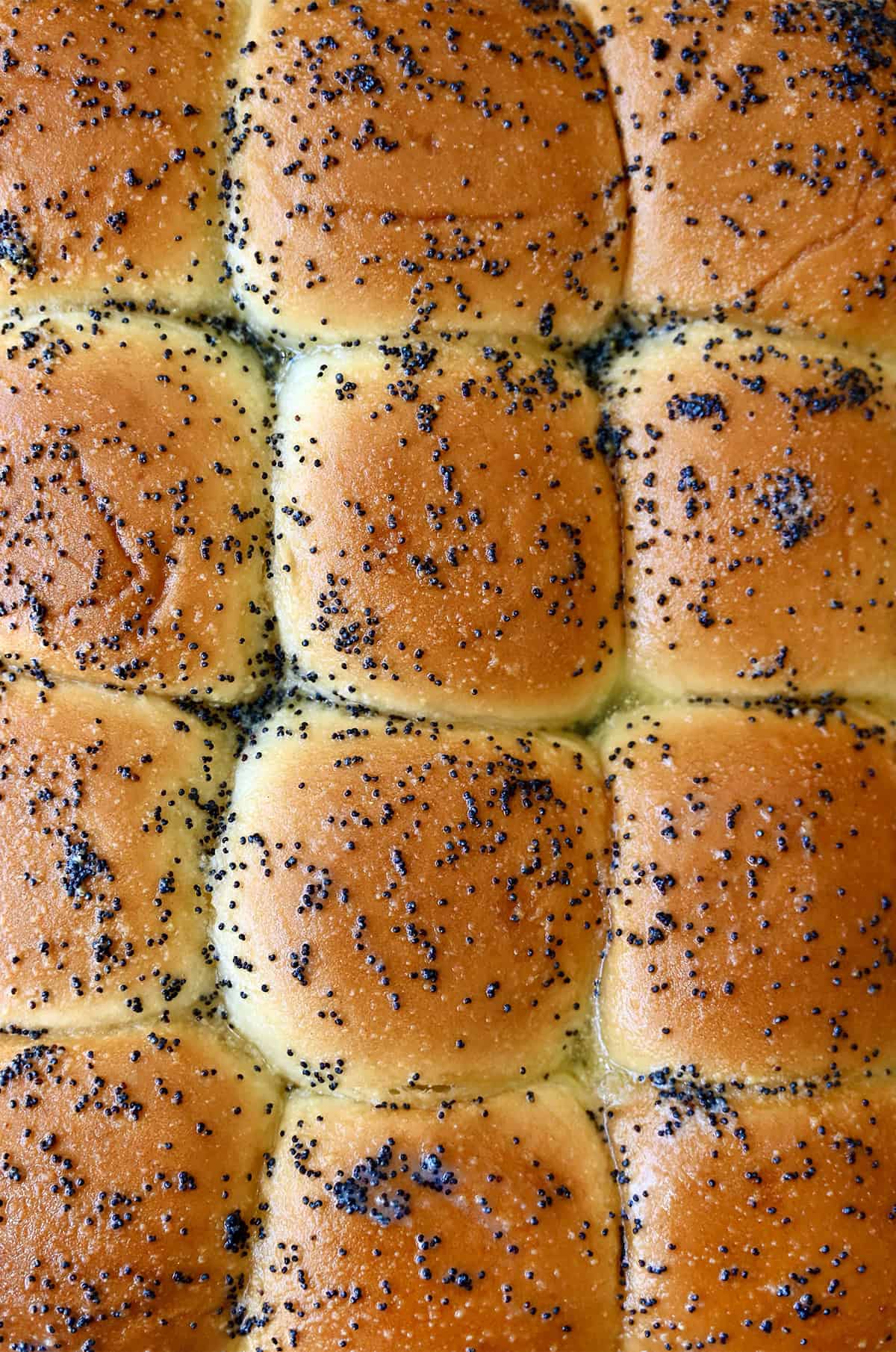 Golden brown baked slider rolls with a poppy seed butter topping.