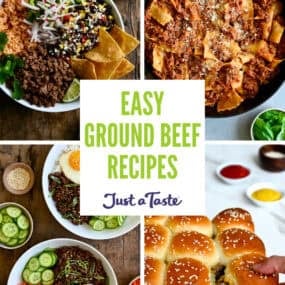 A collage of images showcasing ground beef recipes, including Taco Bowls, Skillet Lasagna, Korean Beef Bowls and Cheeseburger Sliders.
