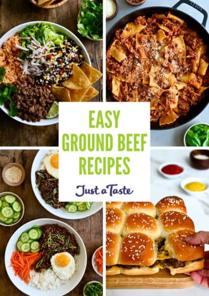 A collage of images showcasing ground beef recipes, including Taco Bowls, Skillet Lasagna, Korean Beef Bowls and Cheeseburger Sliders.