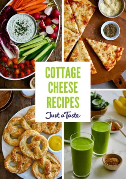 A collage of cottage cheese recipes, including whipped cottage cheese veggie dip, cottage cheese pizza crust, cottage cheese smoothies and cottage cheese soft pretzels.