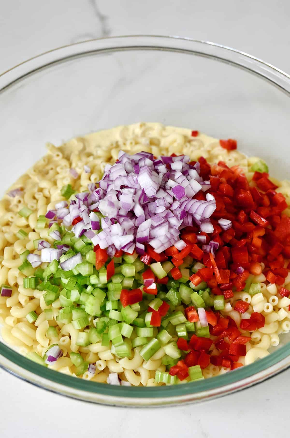 Diced celery, red onion and red bell peppers atop macaroni pasta in a large bowl.