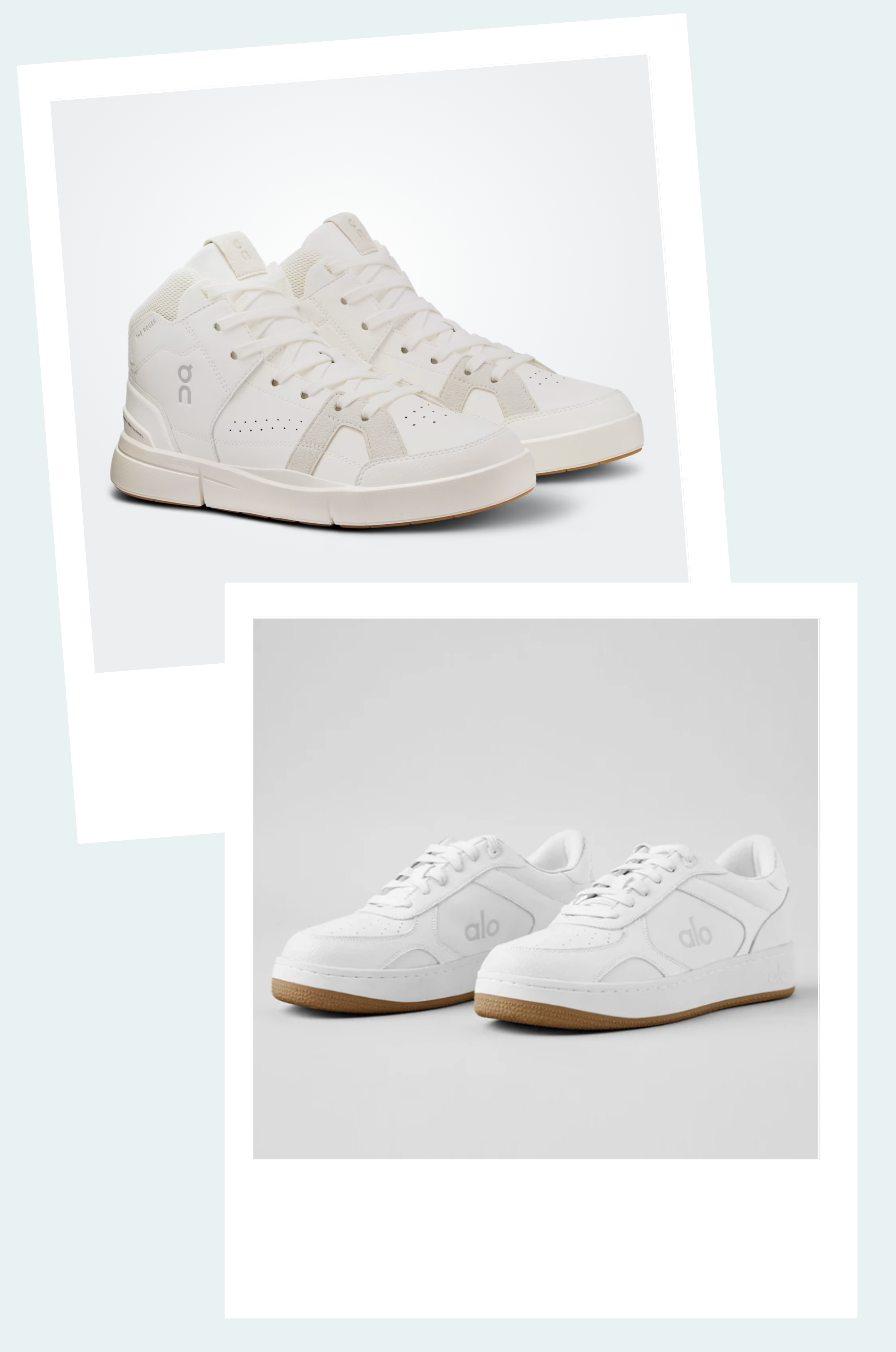 Two pairs of On and Alo white shoes