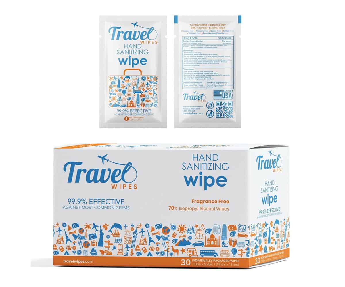 Individually wrapped hand-sanitizing wipes.
