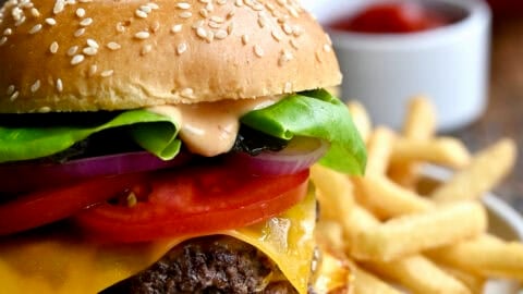 Homemade burger sauce on a double cheeseburger.