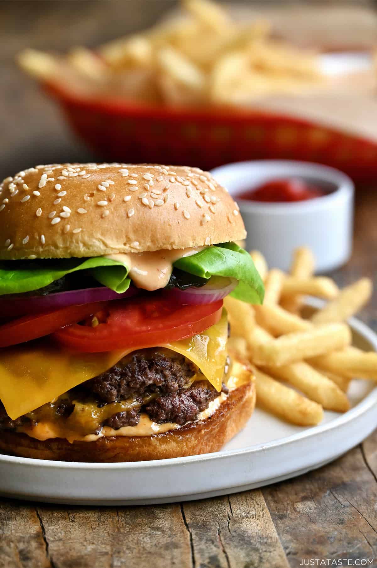Homemade burger sauce on a double cheeseburger.