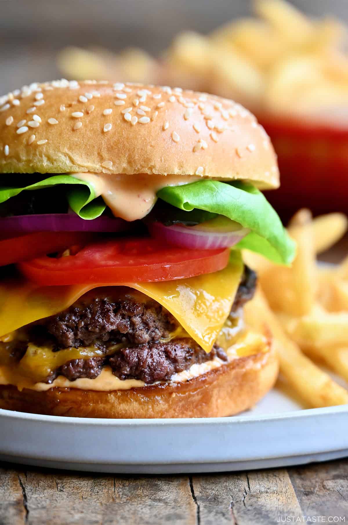Smash burger with cheese, tomato, red onion, bibb lettuce, and special sauce on a toasted brioche bun, served on a plate with French fries.