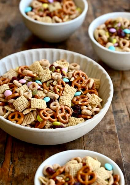 Nut-free and school-friendly homemade trail mix in a white bowl.