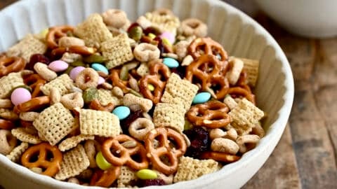 Nut-free and school-friendly homemade trail mix in a white bowl.