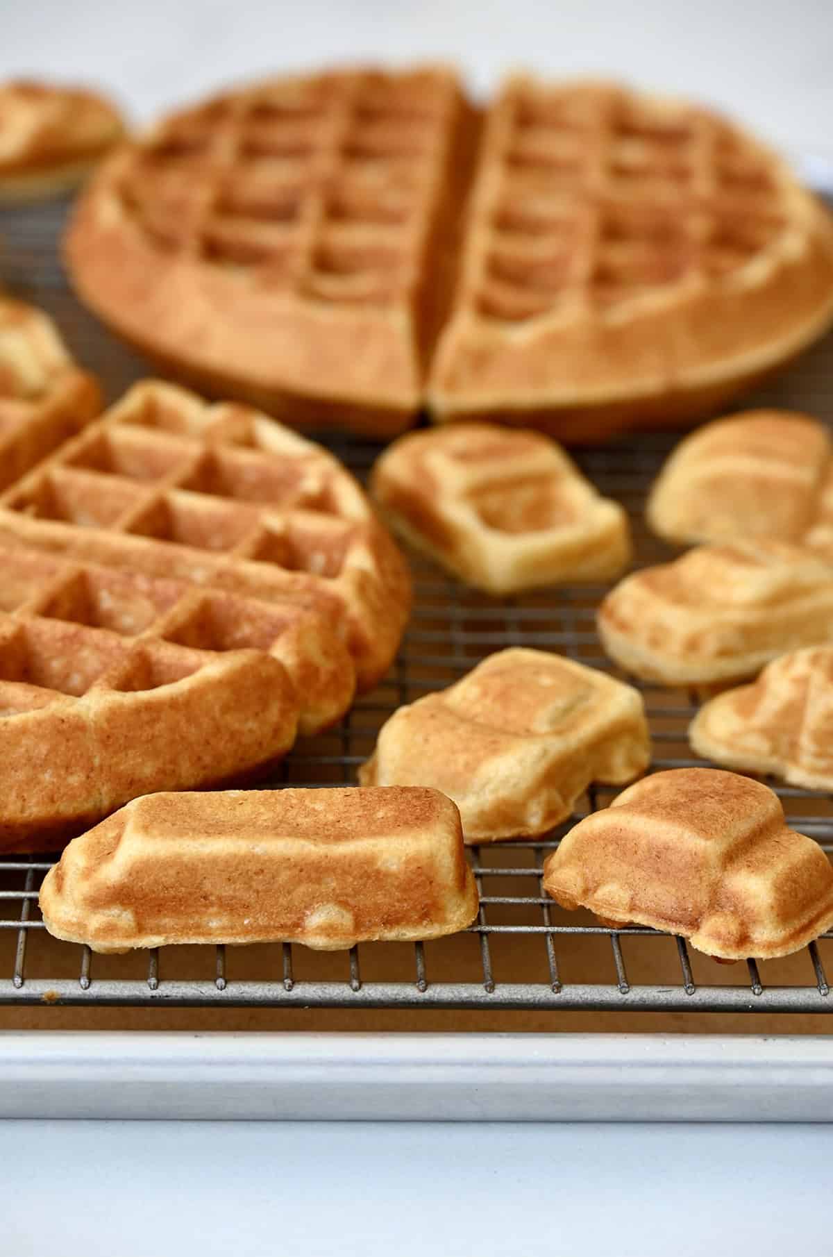 A closeup view of car waffles made from a high-protein cottage cheese batter.