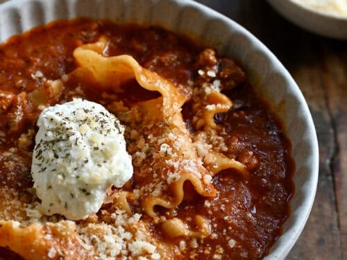 Finished lasagna soup with cheese