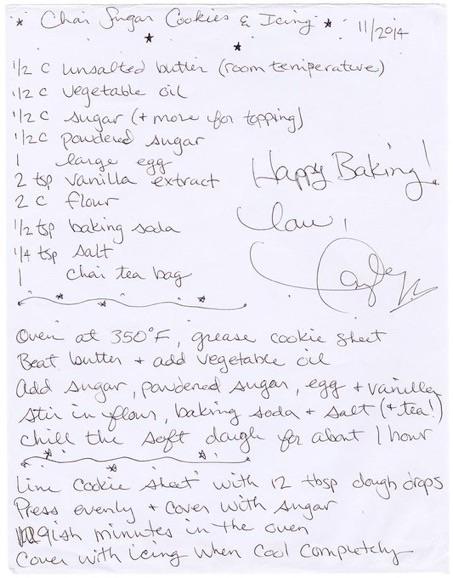 Taylor Swift's handwritten chai sugar cookies recipe on a white sheet of paper.