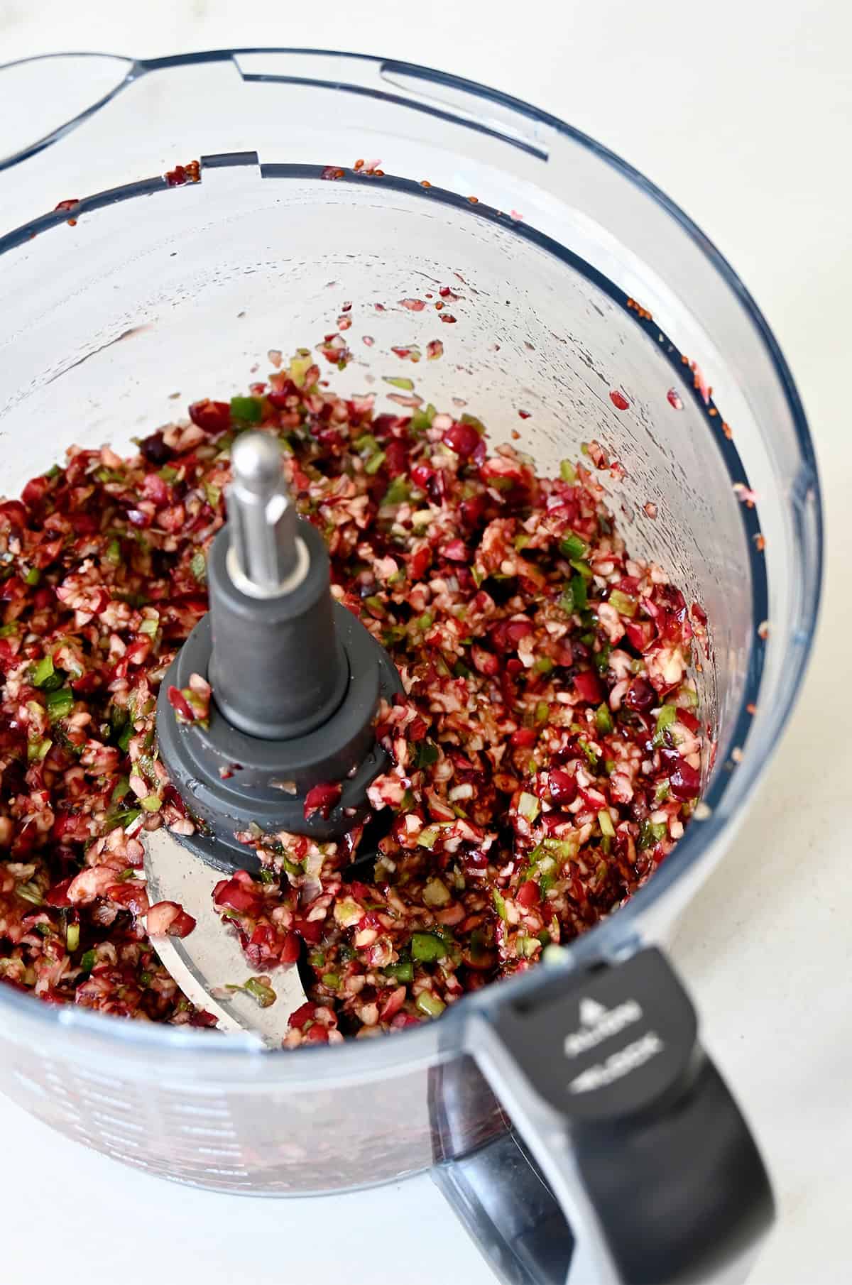 Cranberry jalapeño relish in a food processor.