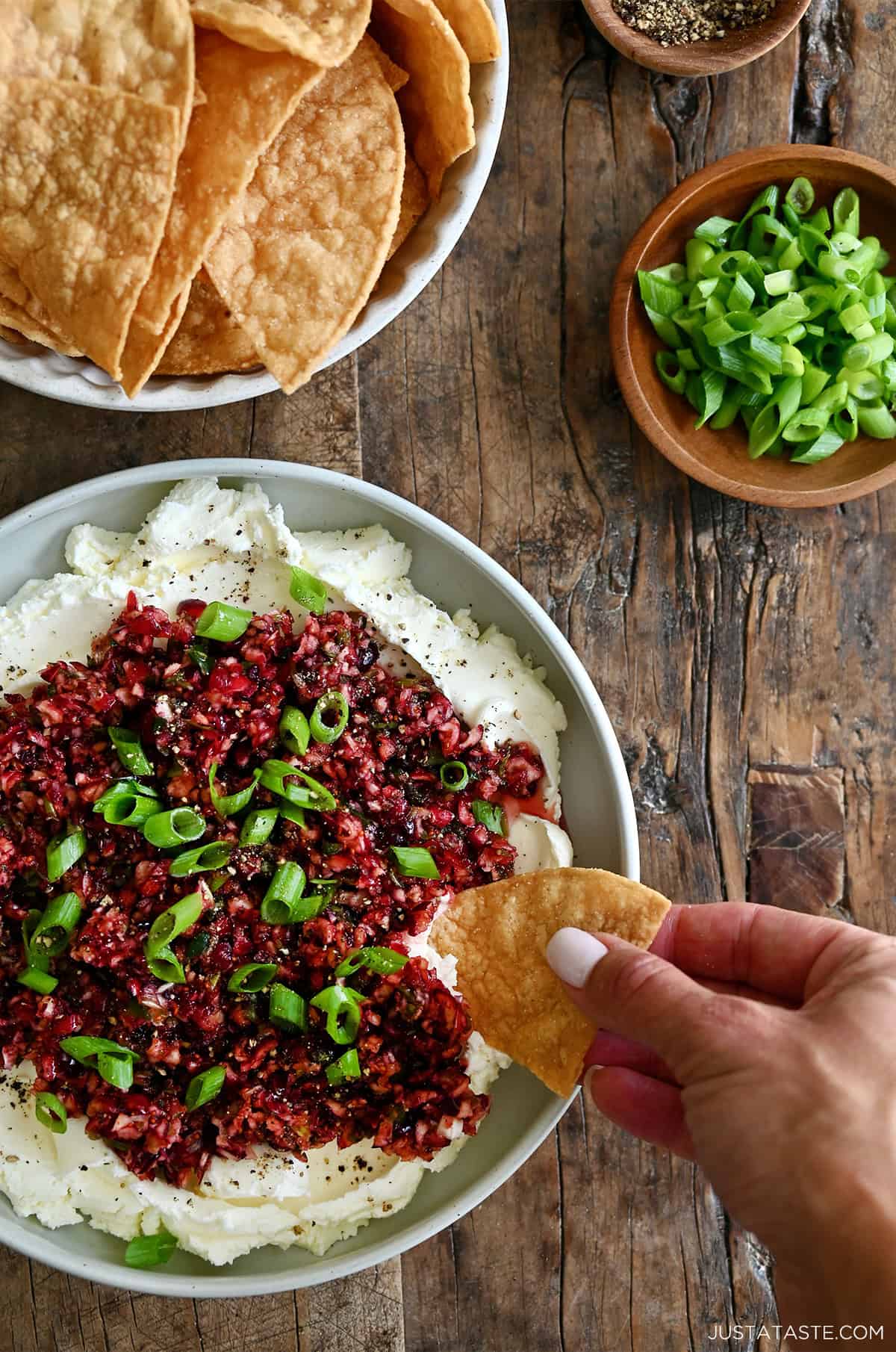 Cream cheese topped with a cranberry jalapeño relish being dipped into with a chip.