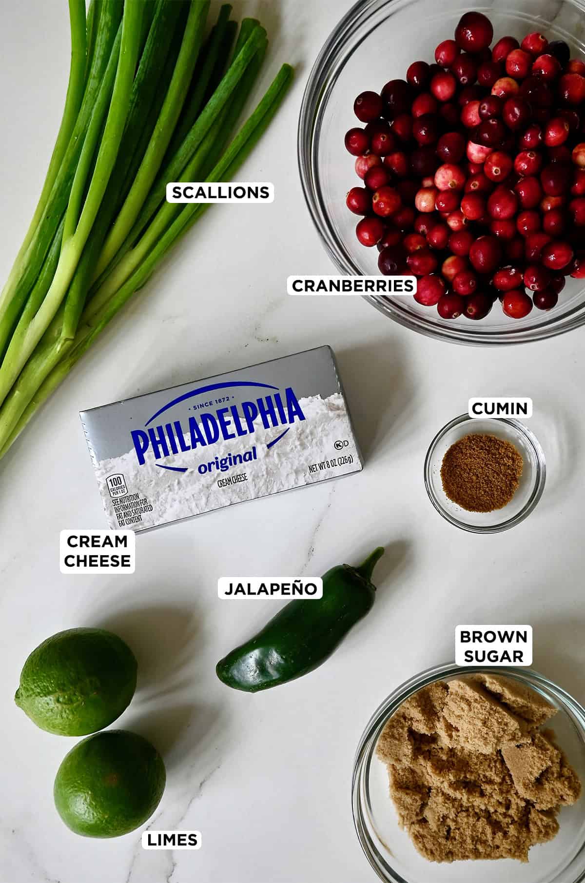 Ingredients to make cranberry jalapeno dip, including Philadelphia cream cheese, scallions, fresh cranberries, a lime, a jalapeño, cumin and brown sugar.
