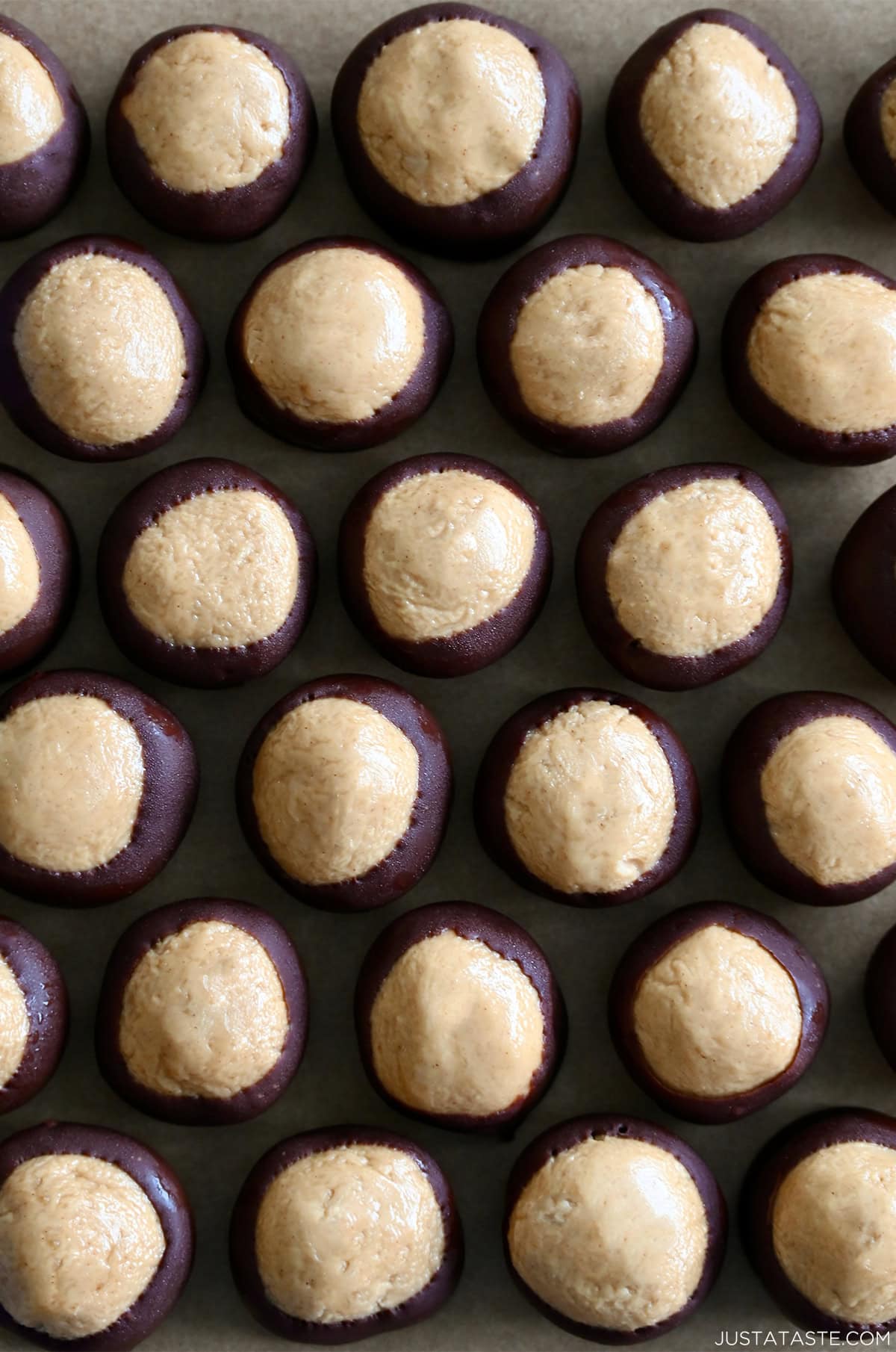 Buckeyes cooling on a parchment paper-lined baking sheet.
