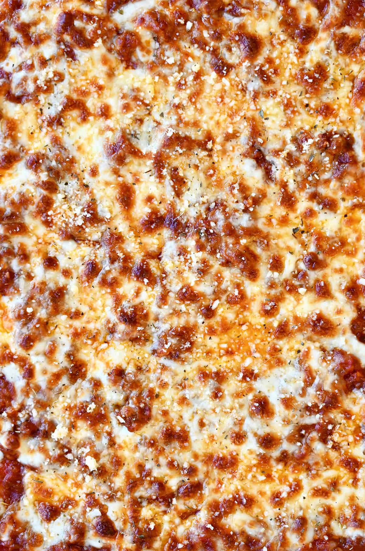 A close-up of the golden brown, bubbly cheese crust of a lasagna made with cottage cheese.