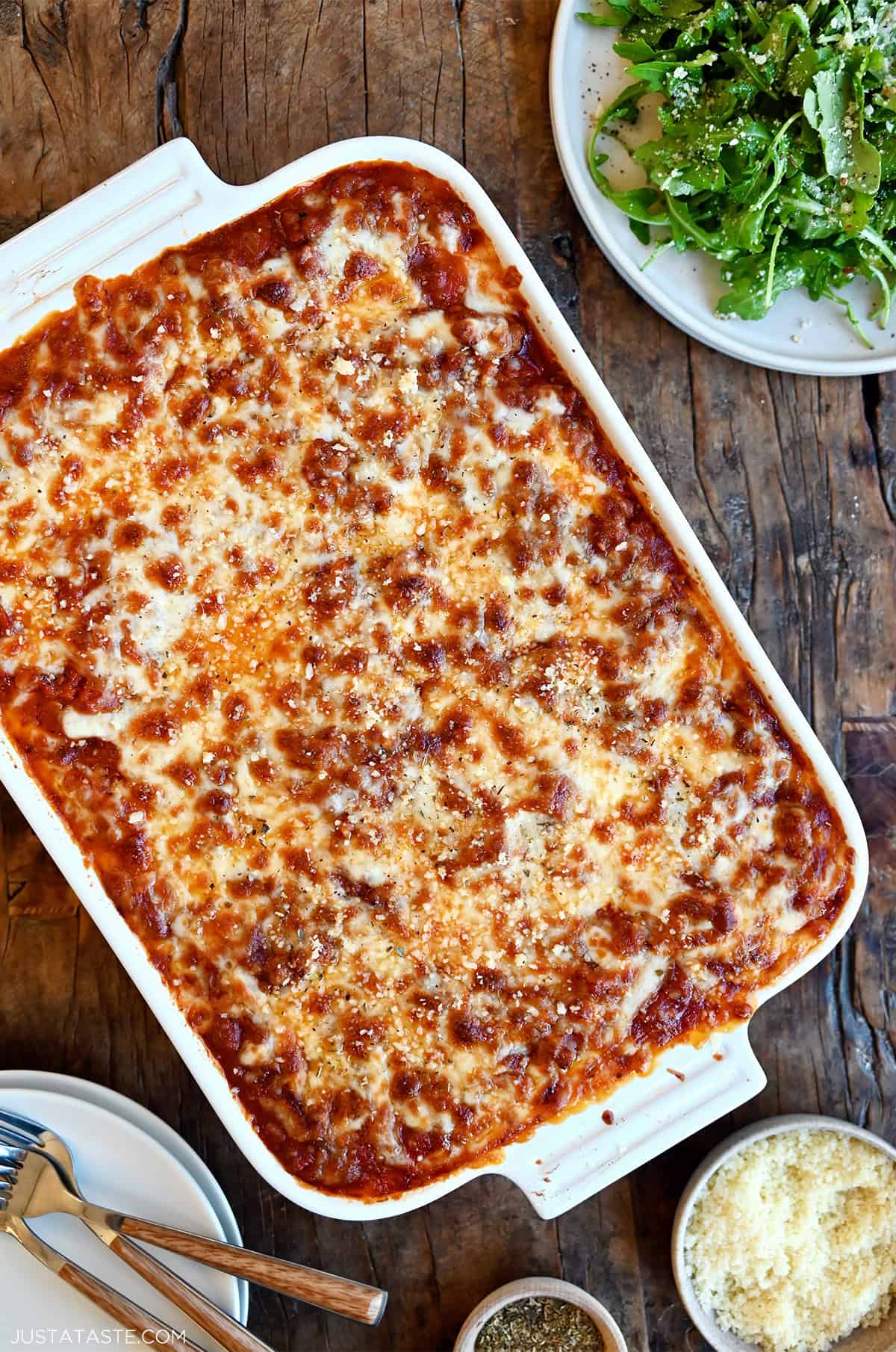 Cottage cheese lasagna with a golden brown cheesy crust in a baking dish.