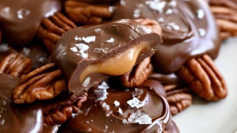 Gooey caramel center of a chocolate turtle candy.